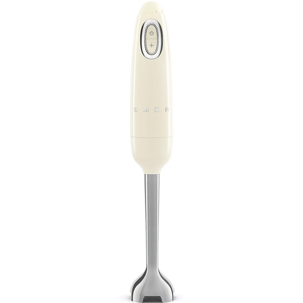 Elfenbeinfarbener Stabmixer mit silbernem Schaft, schwarzen Knöpfen und SMEG-Logo.