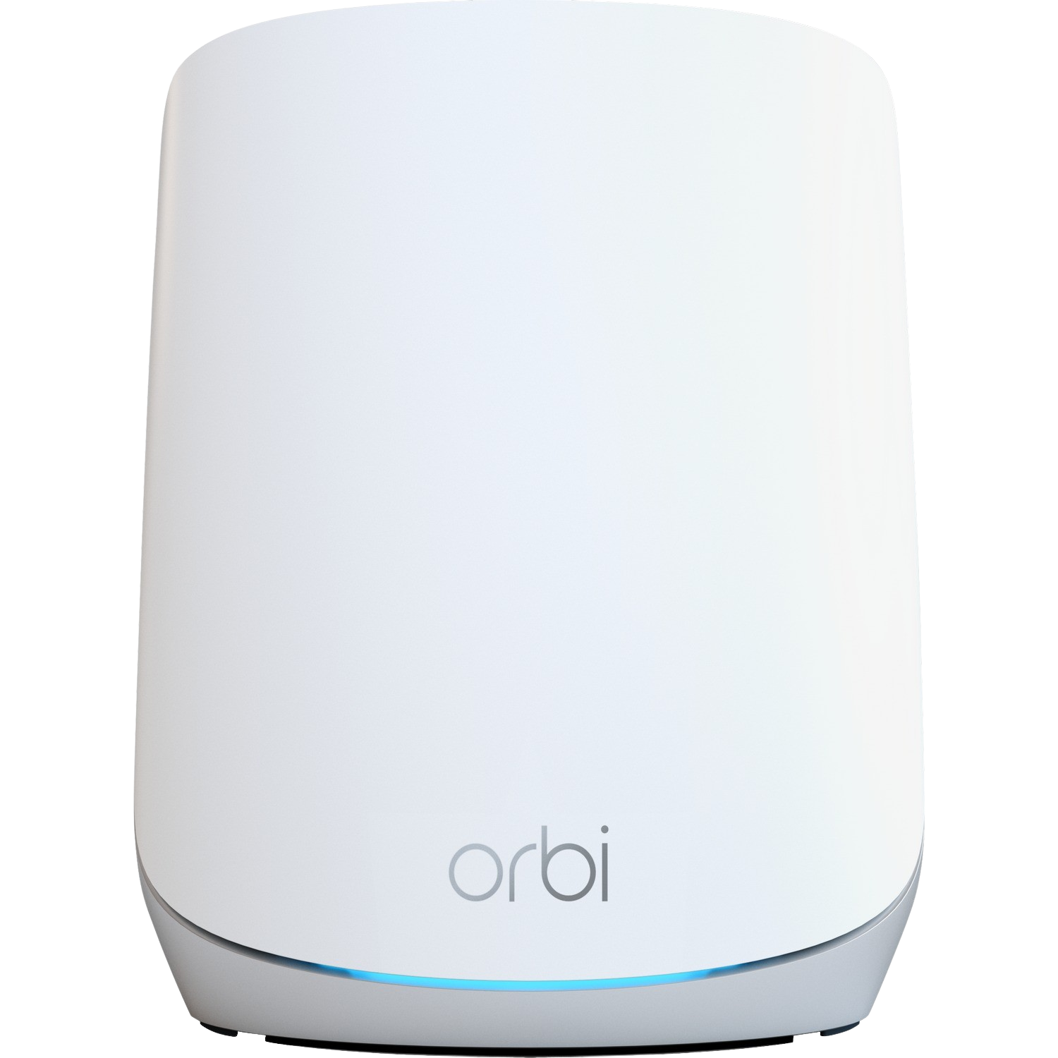 White Orbi device with a silver base. The Orbi logo is visible. The base has a blue illuminated line.
