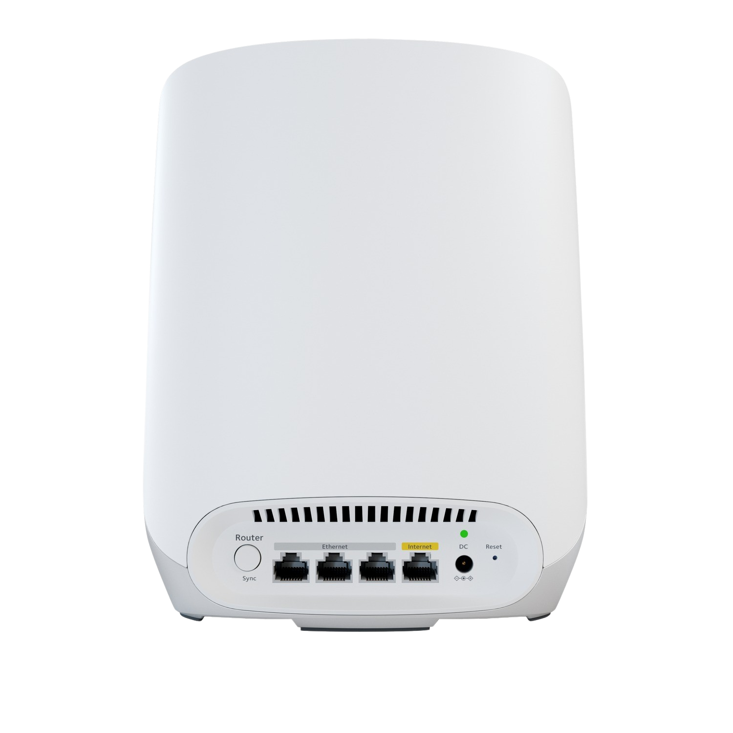 A white network router with ports on the back. The back is facing the viewer.