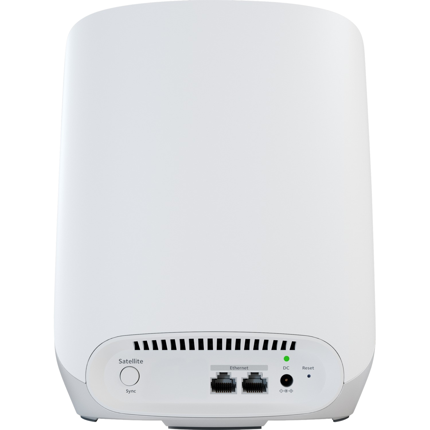 White, rounded device with ports on the back. It has a Satellite, Ethernet, and DC connection.