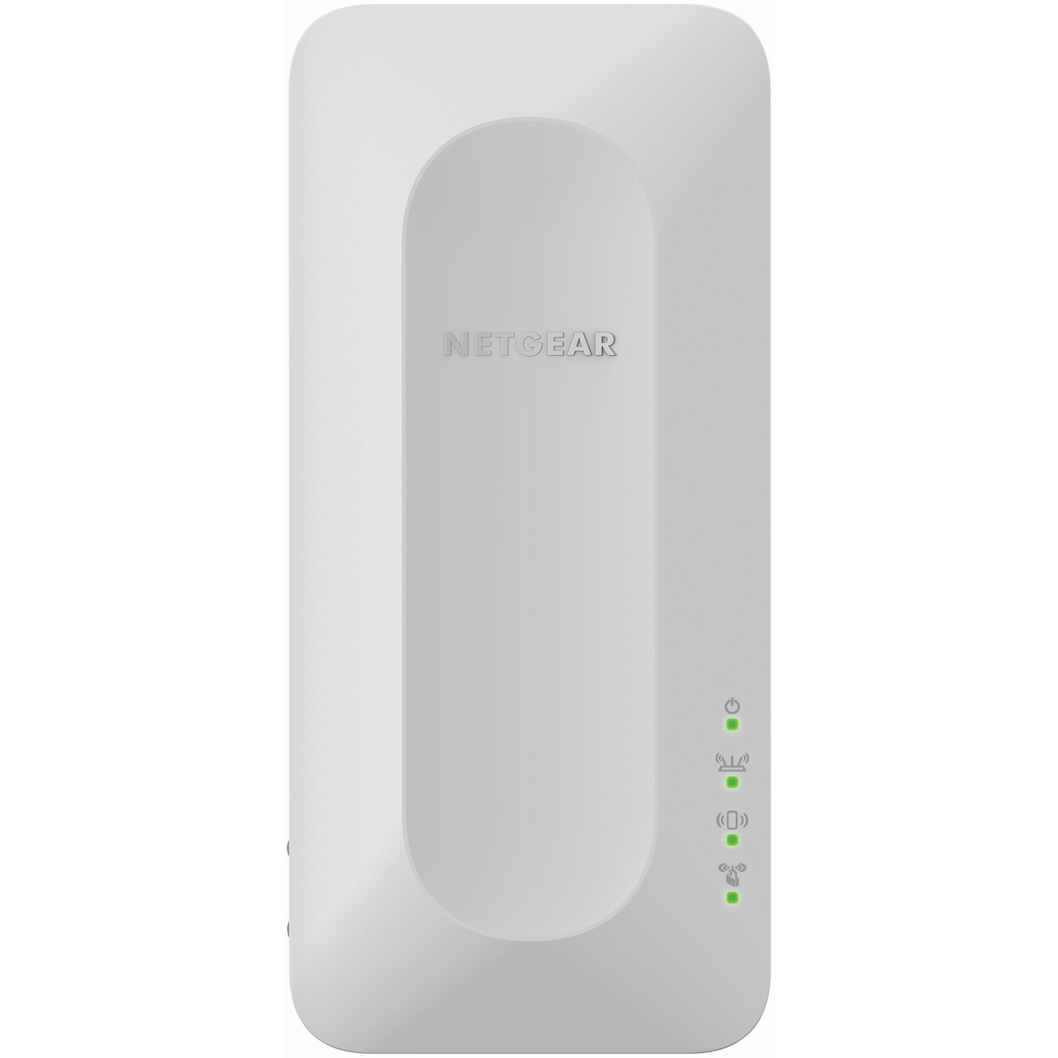 White Netgear access point with green status lights. The device is rectangular with a recessed central section.