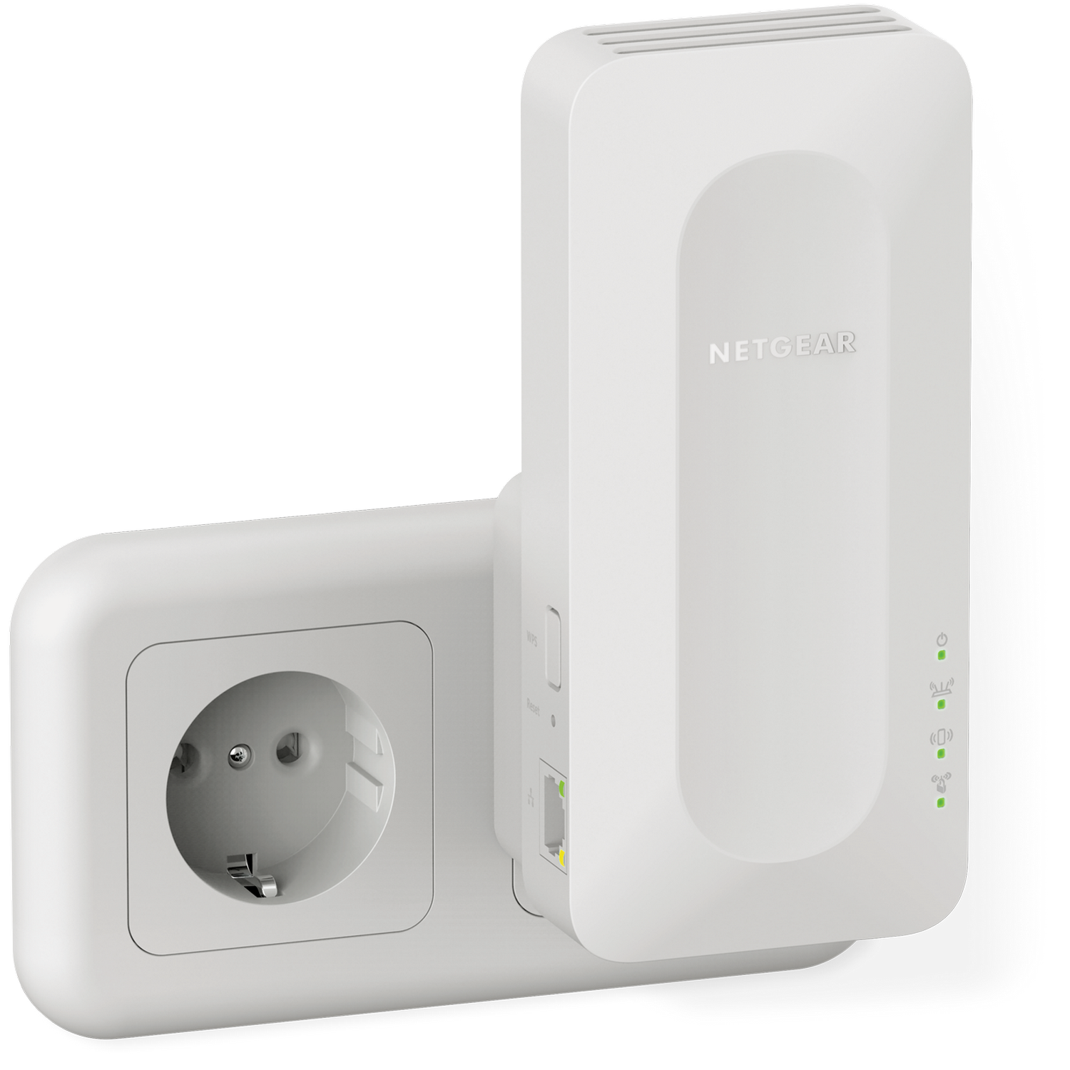 A white Netgear powerline adapter is plugged into a white wall socket. It has indicator lights and the Netgear logo.