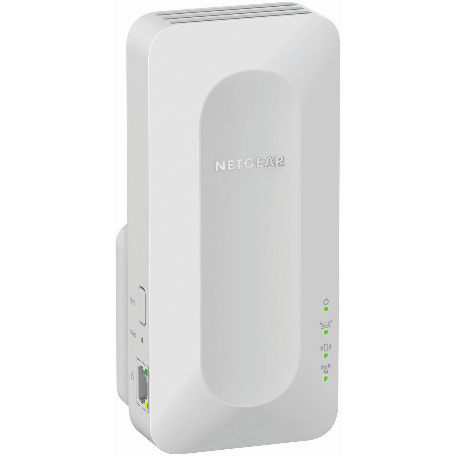 A white Netgear range extender. Features include WPS, reset, and ethernet port. Green lights indicate status.