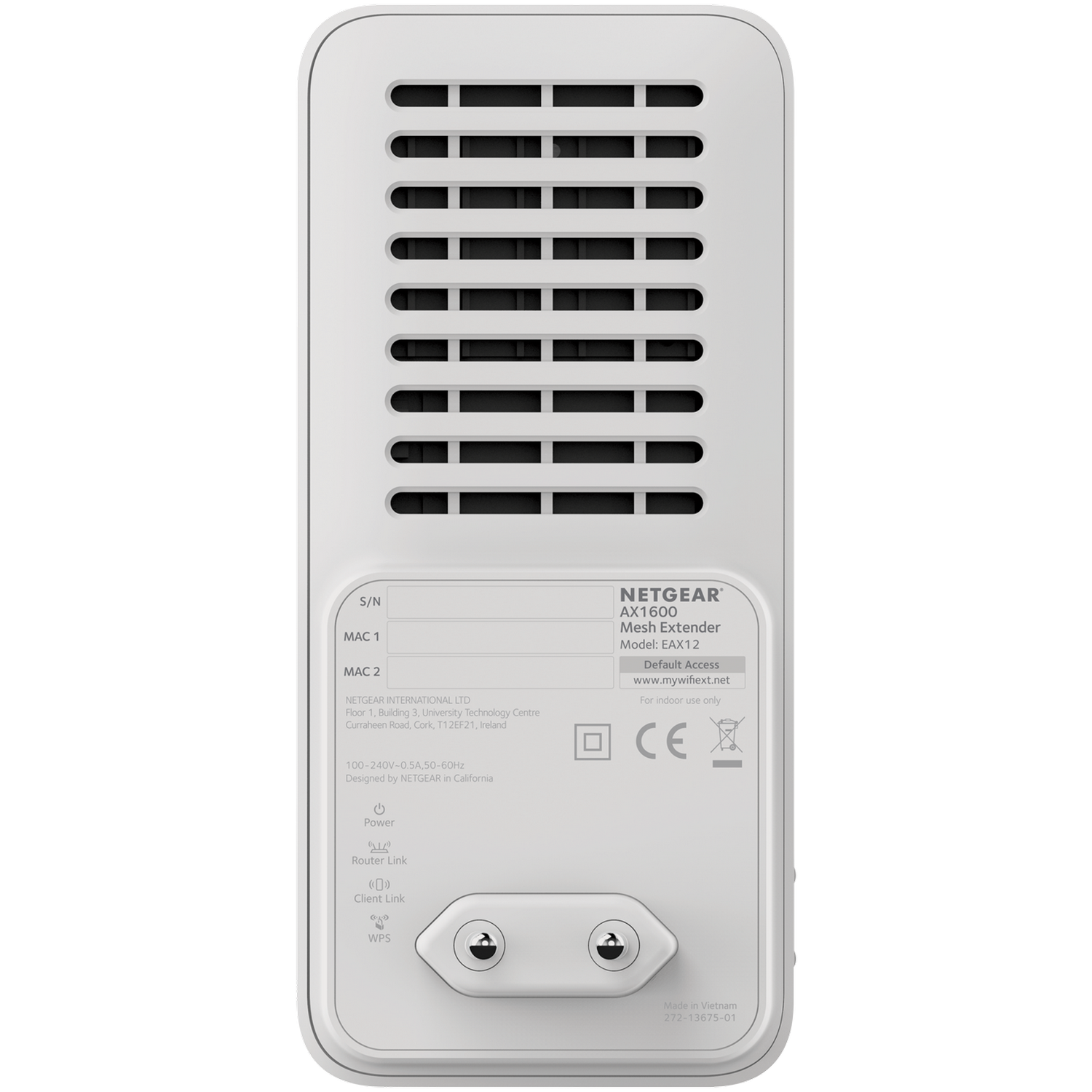 A white Netgear AX1600 Mesh Extender with vents, labels, and connection ports. Details include model, power specs, and manufacturer info.