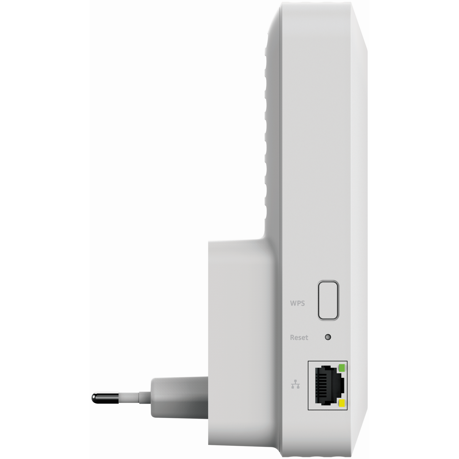 A white network device with a plug. It has WPS and Reset buttons, an ethernet port, and indicator lights, set against a white background.