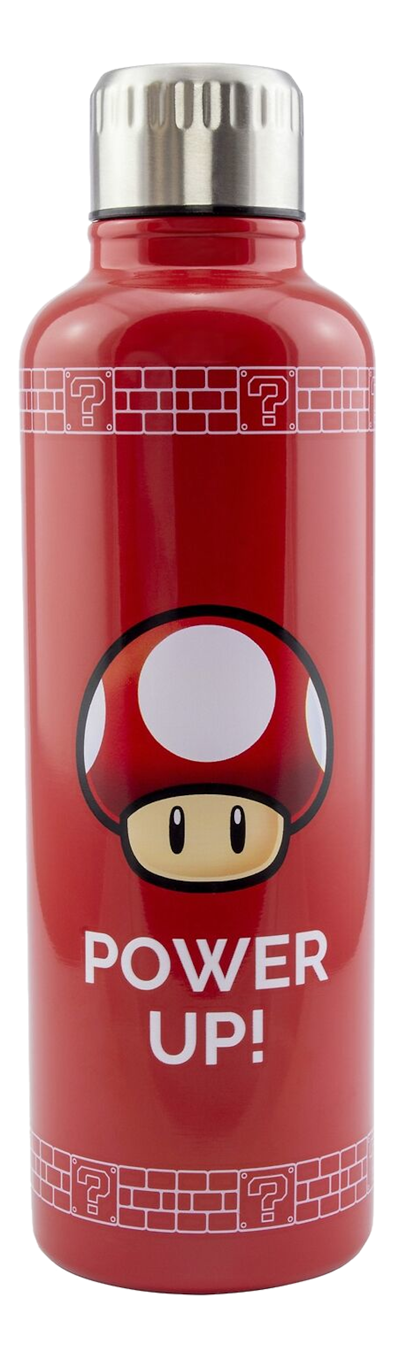 Rote Wasserflasche mit Pilz-Design und "Power Up!"-Schriftzug.