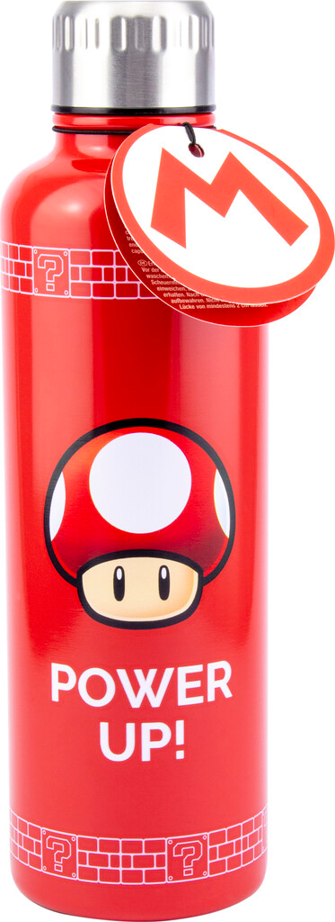Rote Wasserflasche mit Super Mario Pilz, Schriftzug 'POWER UP!' und Fragezeichen-Ziegeln.