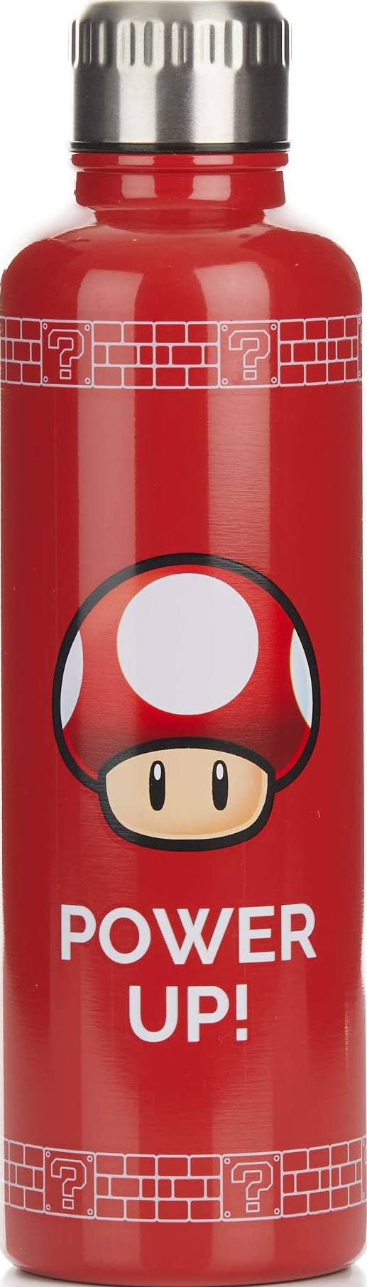 Rote Wasserflasche mit Super Mario-Pilz und "POWER UP!".