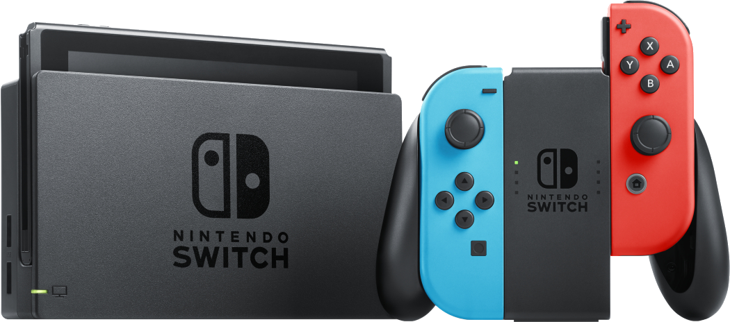 Nintendo Switch konzol Joy-Cons-szal, fekete és kék-piros, fehér háttéren.