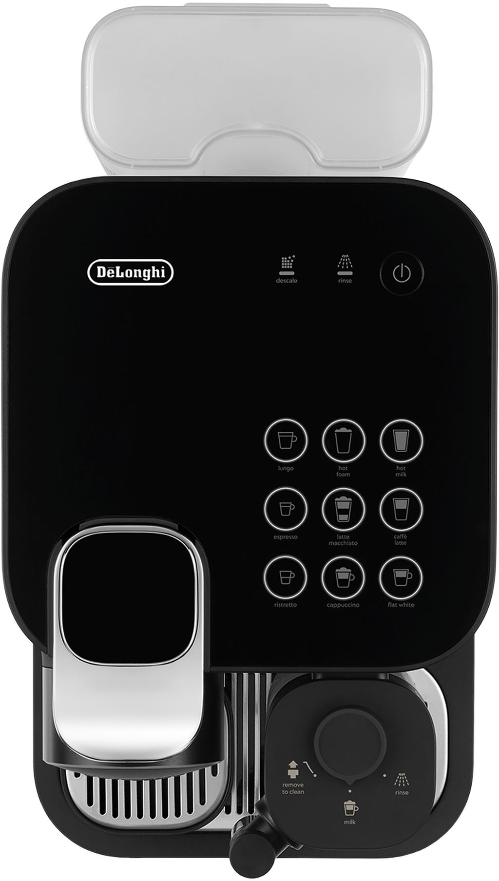 Schwarze DeLonghi Kaffeemaschine mit verschiedenen Funktionstasten und einem Wassertank.