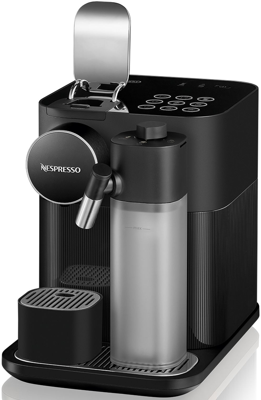 Eine schwarze Nespresso-Kaffeemaschine mit Wassertank und Milchaufschäumer.