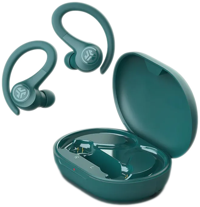 Türkisfarbene kabellose Ohrhörer und Ladecase. Ohrhörer haben Ohrbügel. Case ist geöffnet.