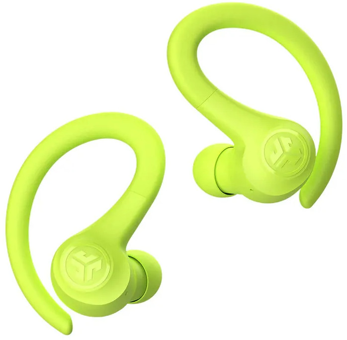 Pair of bright green wireless earbuds with ear hooks.