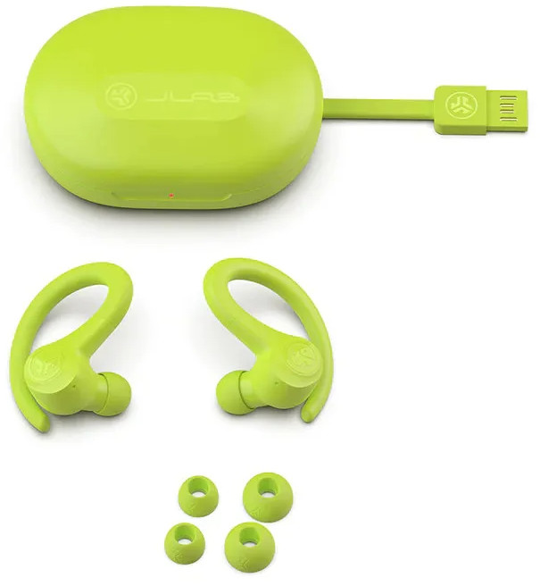 Green earbuds with a charging case and additional ear tips.