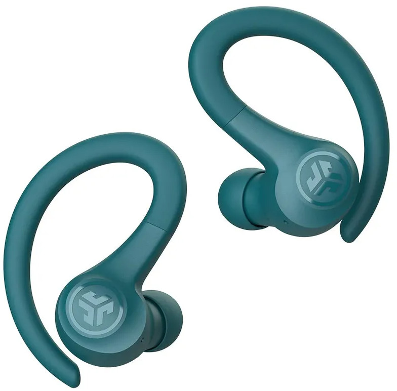Two teal-colored wireless earbuds with ear hooks. White background.