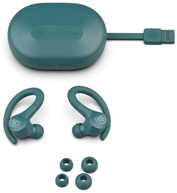 Teal wireless earbuds, charging case with a USB cable. Additional ear tips are included.