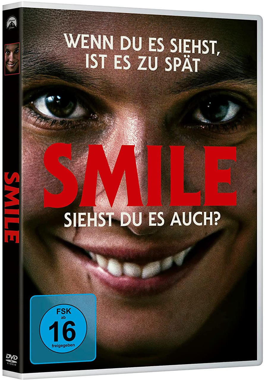 DVD-Cover des Films 'Smile' mit lächelndem Gesicht und blauem Rating-Aufkleber.