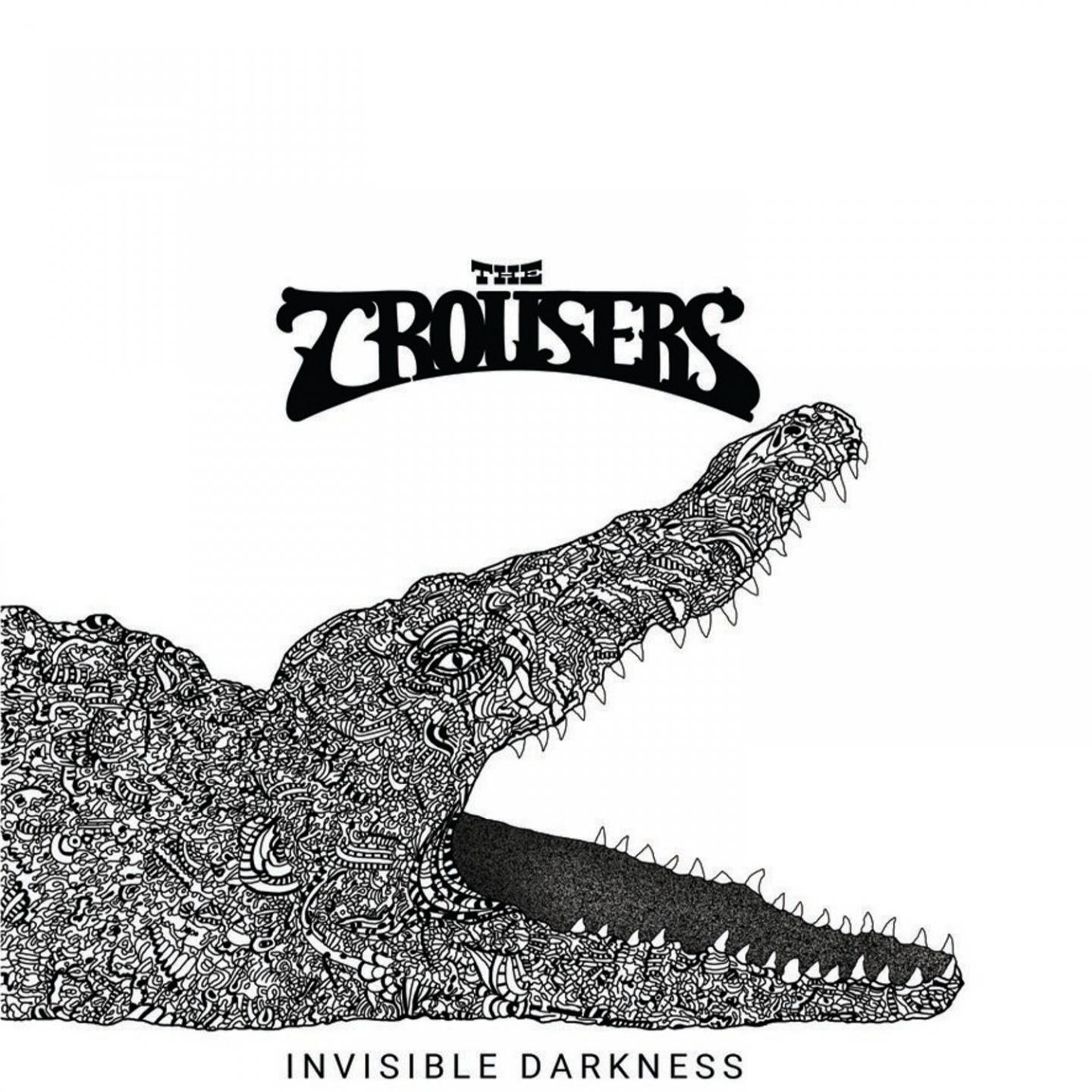 A Trousers 'Invisible Darkness' album borítója. Egy krokodil bonyolult mintákkal. Fehér háttér.