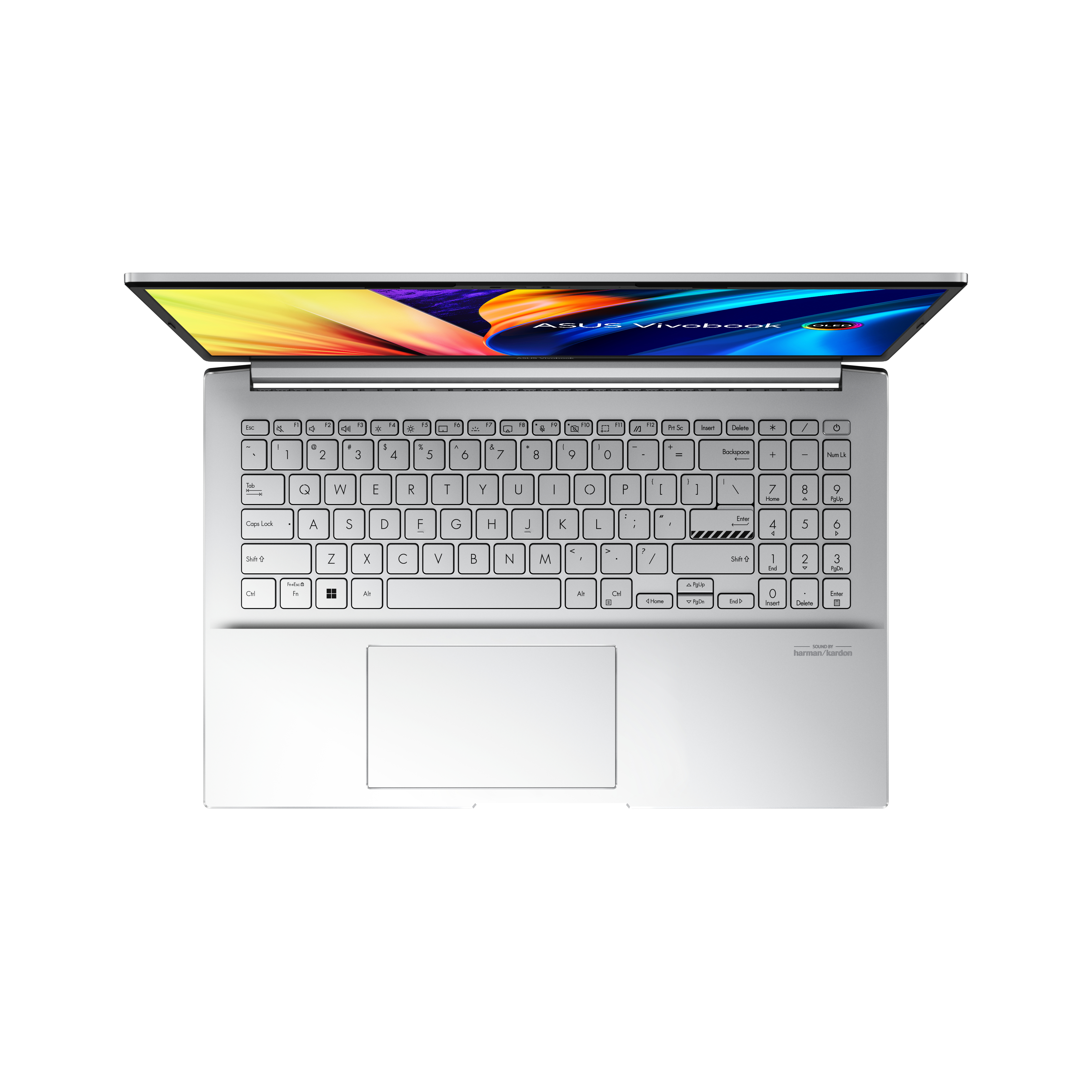 Ordenador portátil blanco desde arriba, mostrando el teclado y el panel táctil.