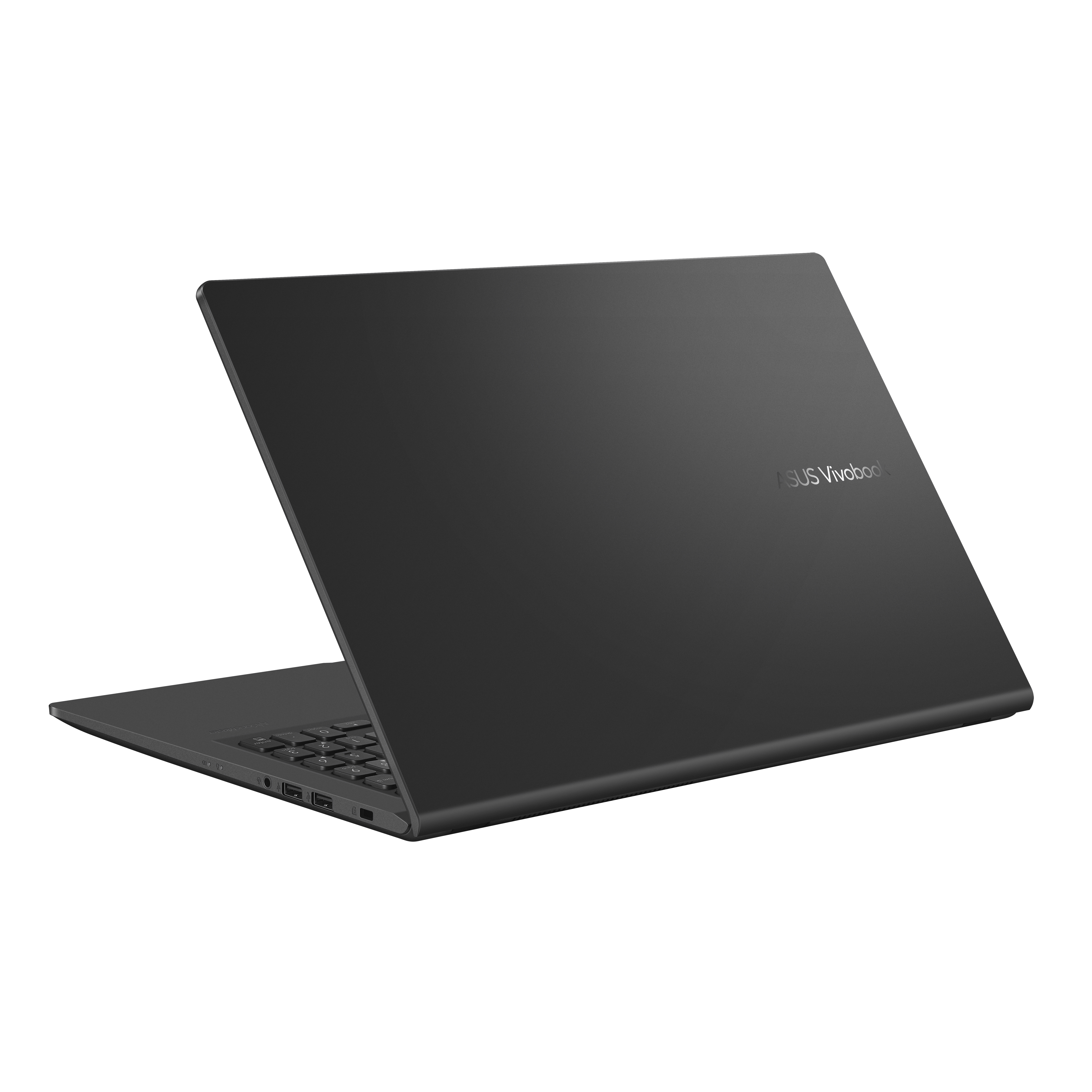 Un portátil ASUS Vivobook negro. El portátil está abierto, mostrando la parte trasera y los puertos.