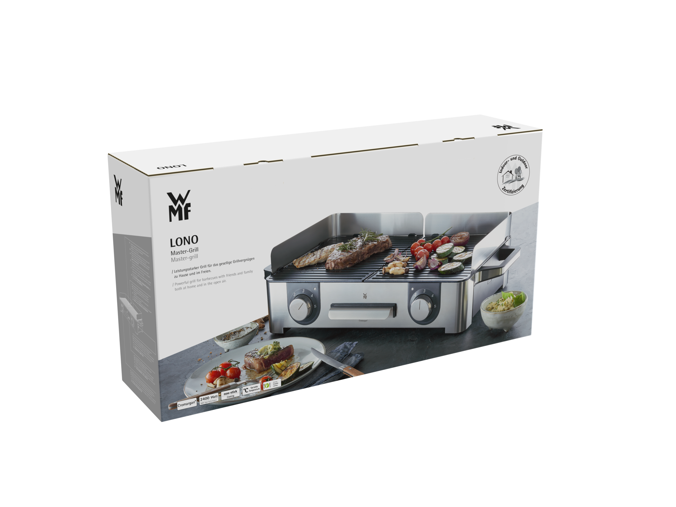 Un WMF Lono Master-Grill en caja sobre un fondo blanco.