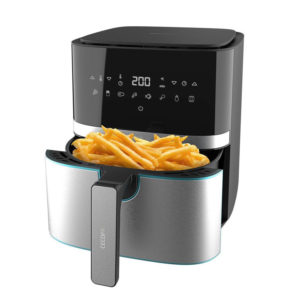 Freidora de aire con patatas fritas dentro. Negro y plateado. La pantalla muestra 200 e iconos.