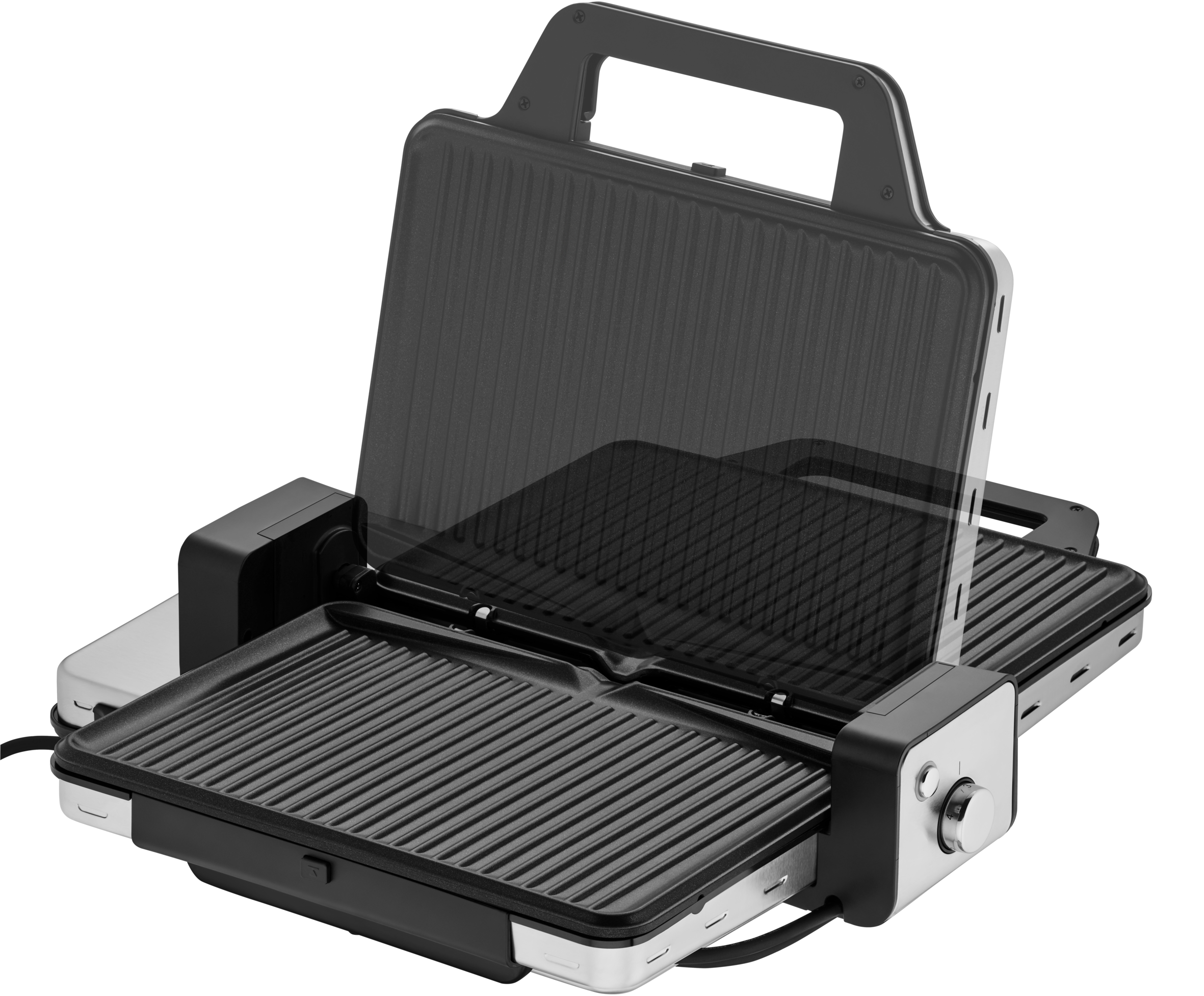 Una plancha panini en blanco y negro abierta. Muestra las placas de la parrilla superior e inferior. El fondo es negro.