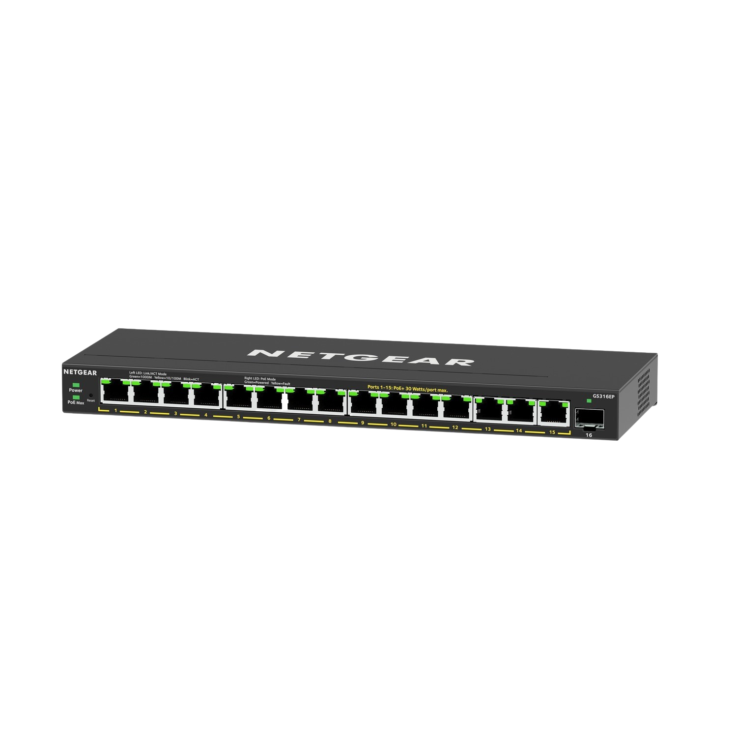 Zwarte NETGEAR netwerkswitch met 16 poorten, groene lampjes op zwarte achtergrond.