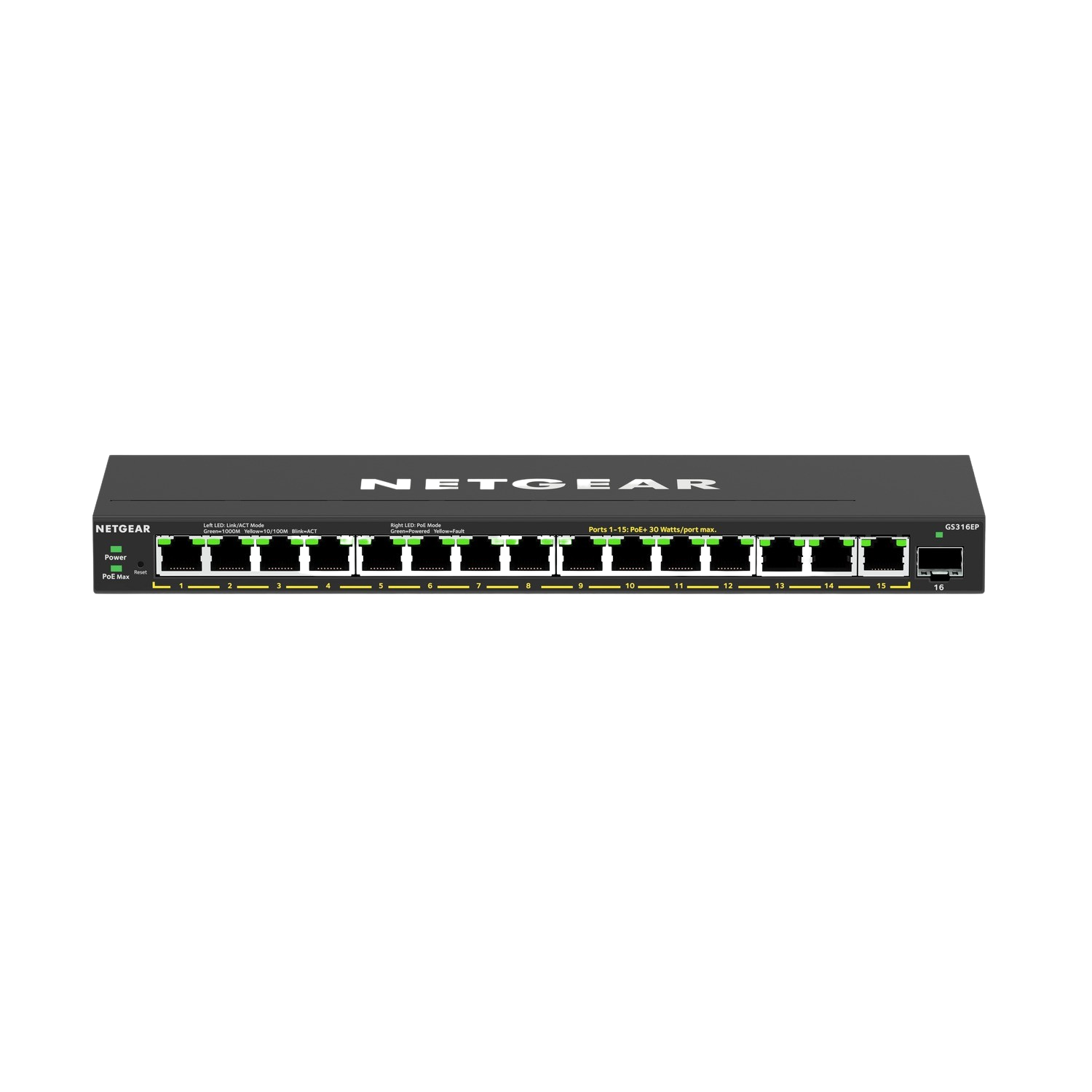 Een zwarte NETGEAR switch met 16 poorten, stroom- en PoE Max-lampjes aan.