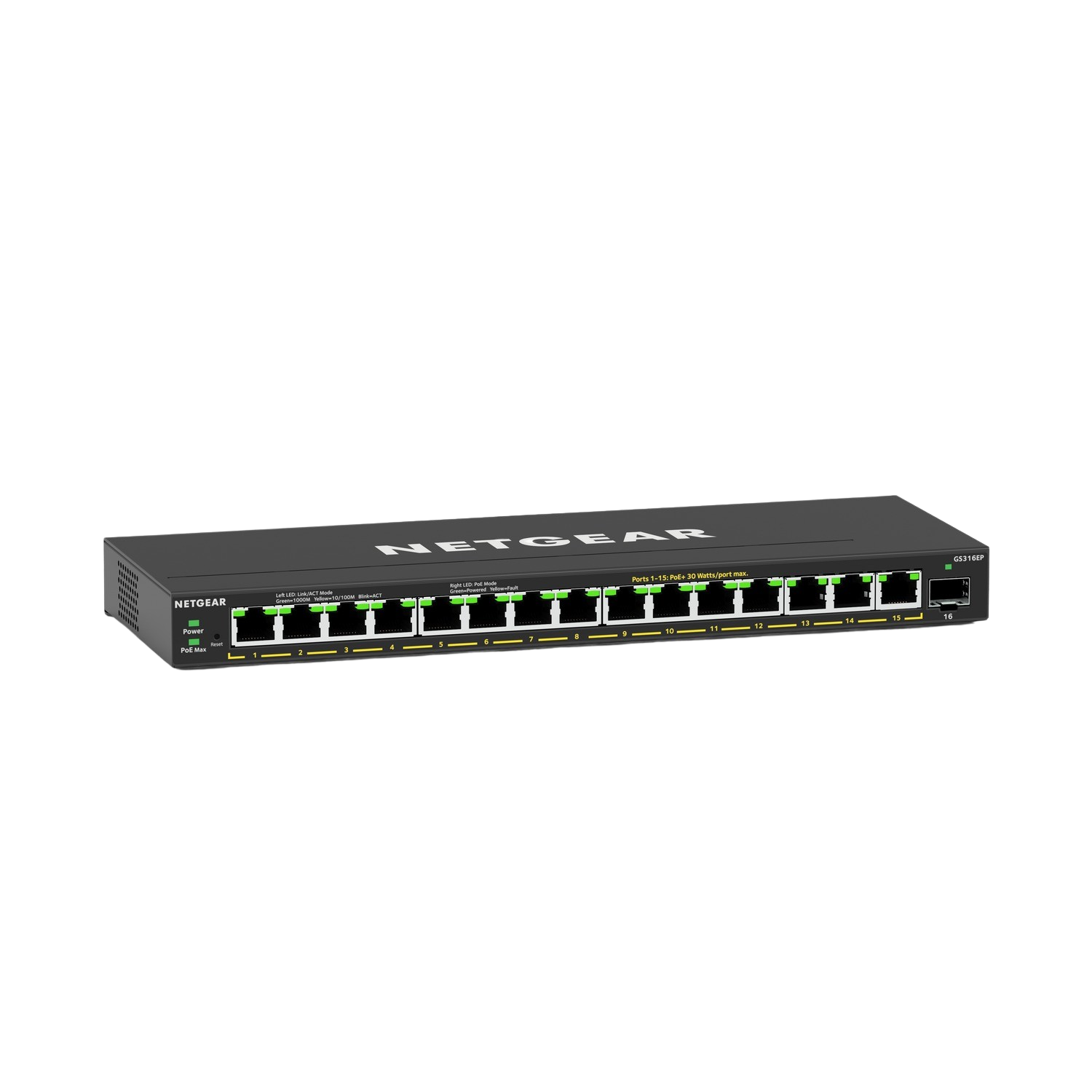 Zwarte NETGEAR netwerkswitch. Het heeft 16 poorten met groene lampjes. Het logo is zichtbaar.