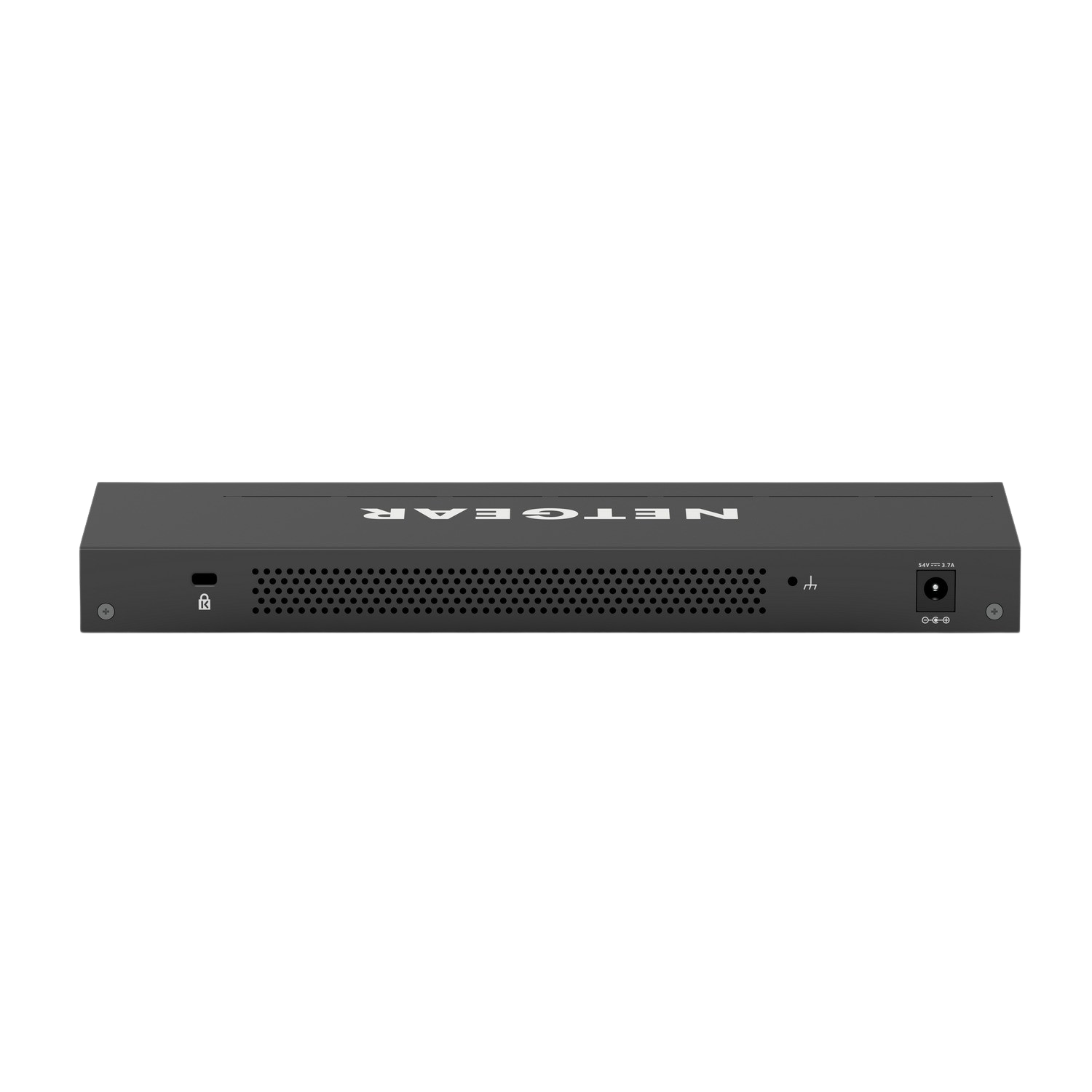 Een zwarte NETGEAR-router op een zwarte achtergrond. De voorkant is zichtbaar.