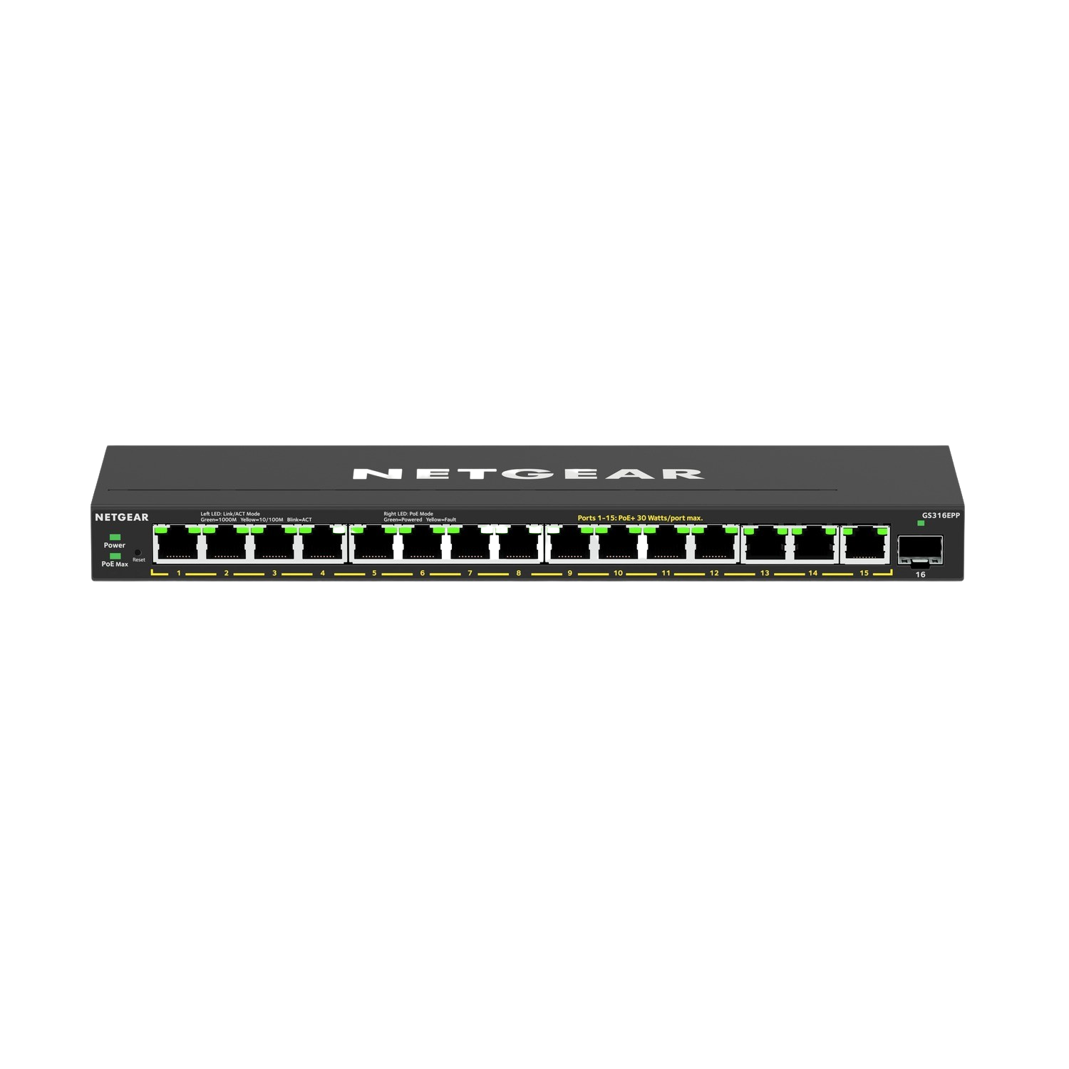 Black Netgear switch with 16 ports. Green lights indicate activity on the ports.