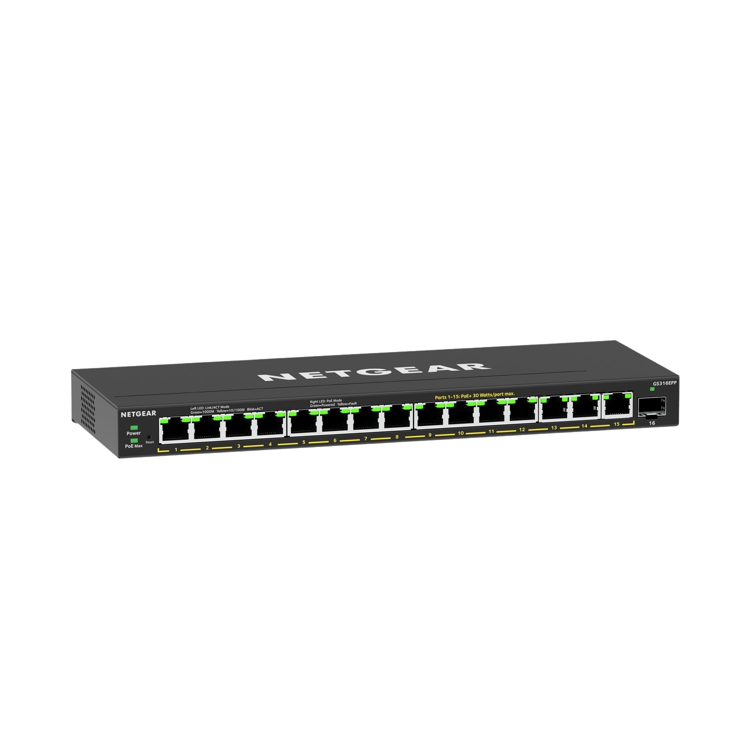Black network switch with 16 ports, LEDs, and a Netgear logo on top.