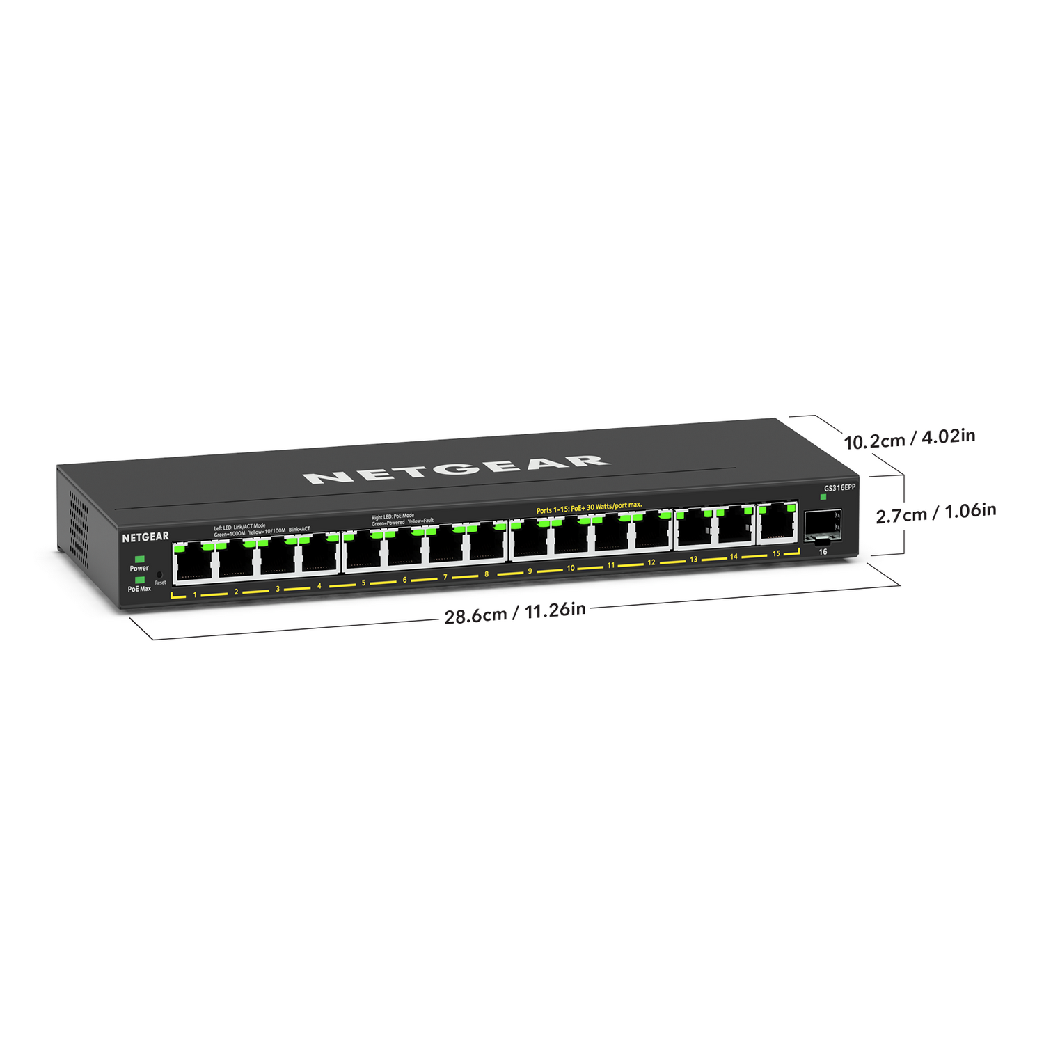 Black network switch with ports and labels, dimensions shown.
