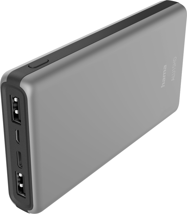Zilver-zwarte powerbank met meerdere USB-poorten en een aan/uit-knop, schuine weergave.