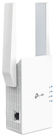 Répéteur Wi-Fi TP-Link blanc avec deux antennes. Affiche ports et indicateurs.