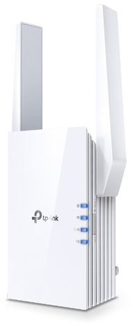 Répéteur Wi-Fi blanc avec antennes, debout.