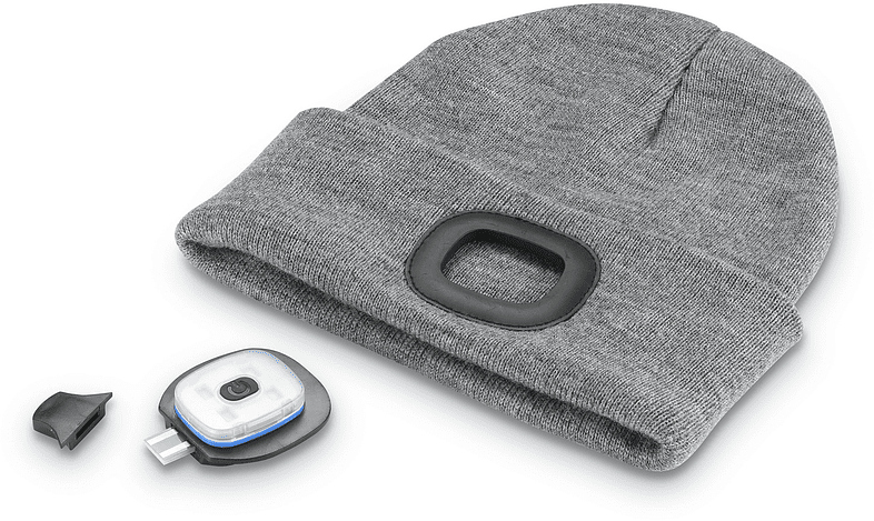 Bonnet en tricot gris avec un rectangle noir sur le dessus. Une lumière est posée à côté du bonnet.