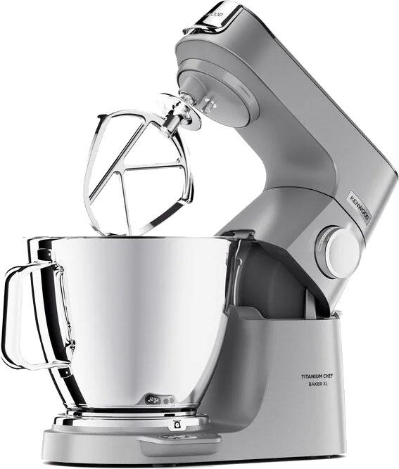 Ezüst konyhai mixer nagyméretű keverőtállal és tartozékokkal.