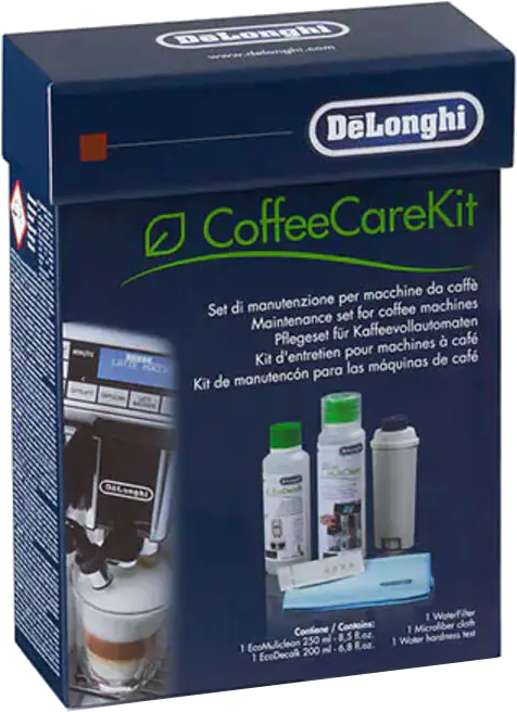 Delonghi CoffeeCareKit doboz, termékekkel, fehér háttér.