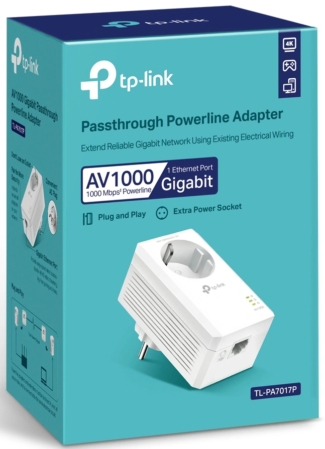 Een blauwe en witte doos van een powerline-adapter met een productafbeelding.