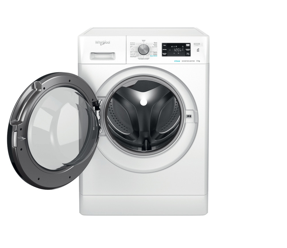 Lavadora Whirlpool blanca, puerta abierta, con panel de control.