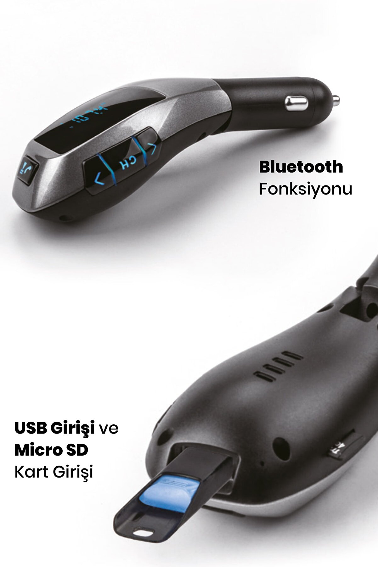 Beyaz bir arka plan üzerinde USB ve Micro SD kart yuvalarına sahip bir Bluetooth araç adaptörü.