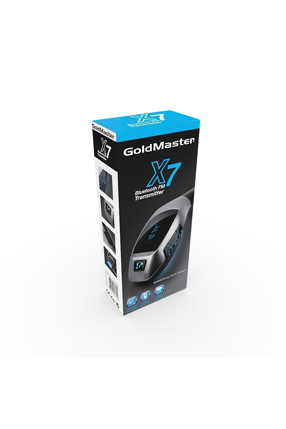 GoldMaster X7 Bluetooth FM verici kutusu. Mavi ve beyaz renkler. Beyaz zemin.