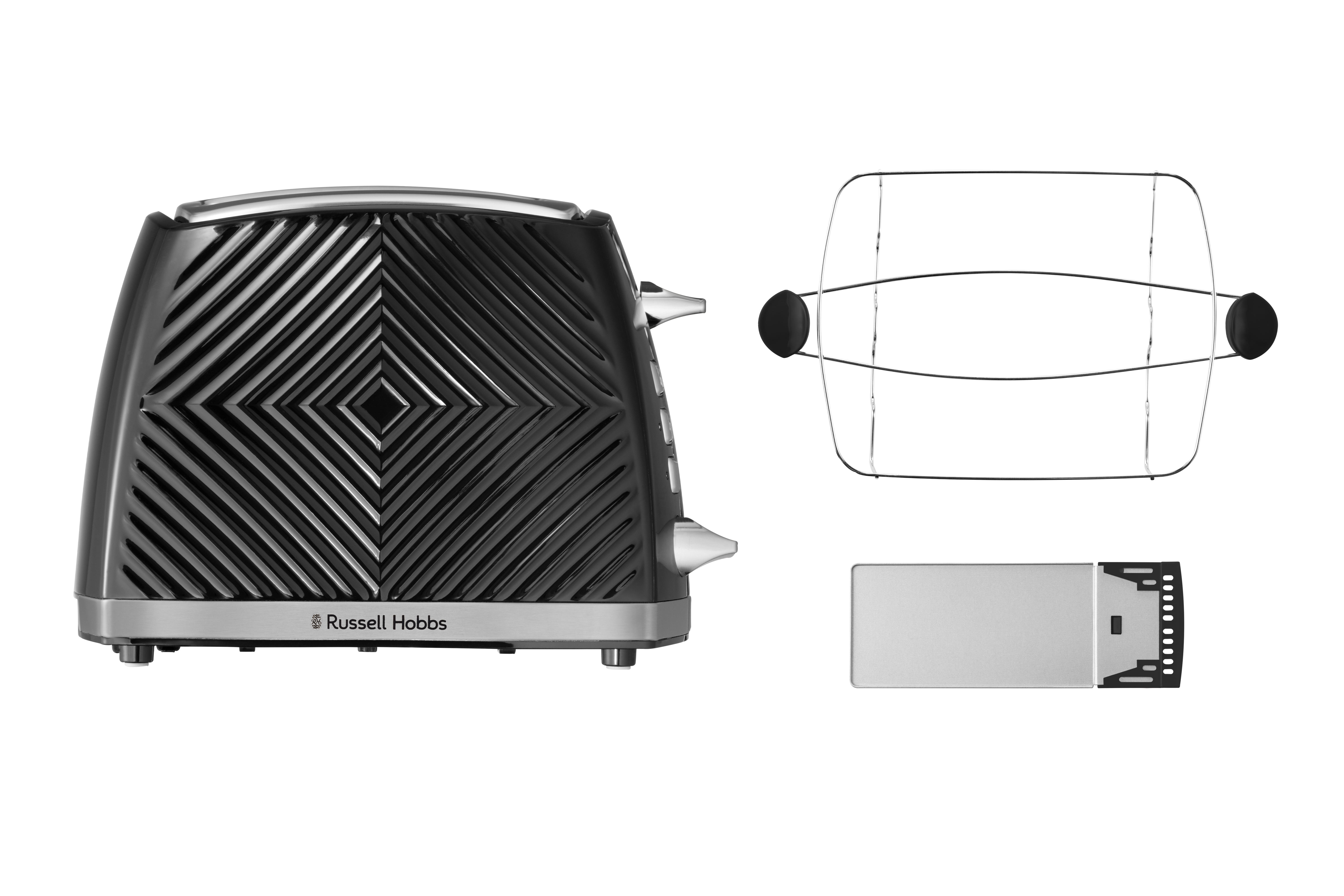 Fekete Russell Hobbs kenyérpirító, alkatrészekkel körbevéve.