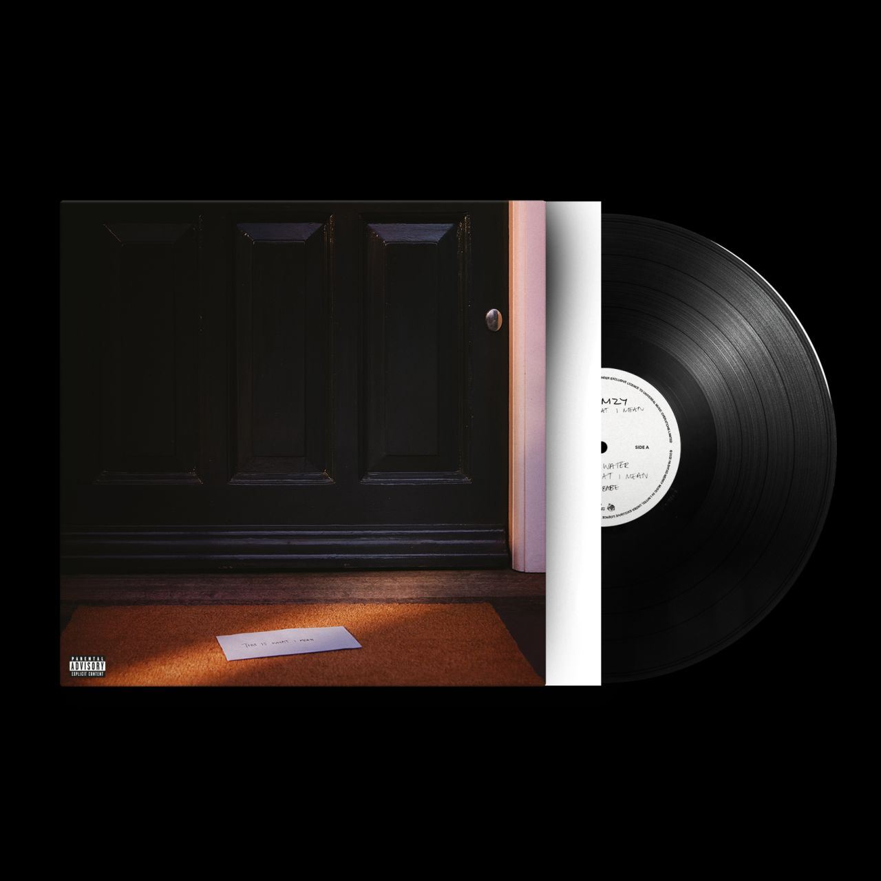 Vinyl-Schallplattenhülle: Tür, Fußmatte und ein Brief. Titel: Mazy at Ikarus. Schwarzes Albumcover.