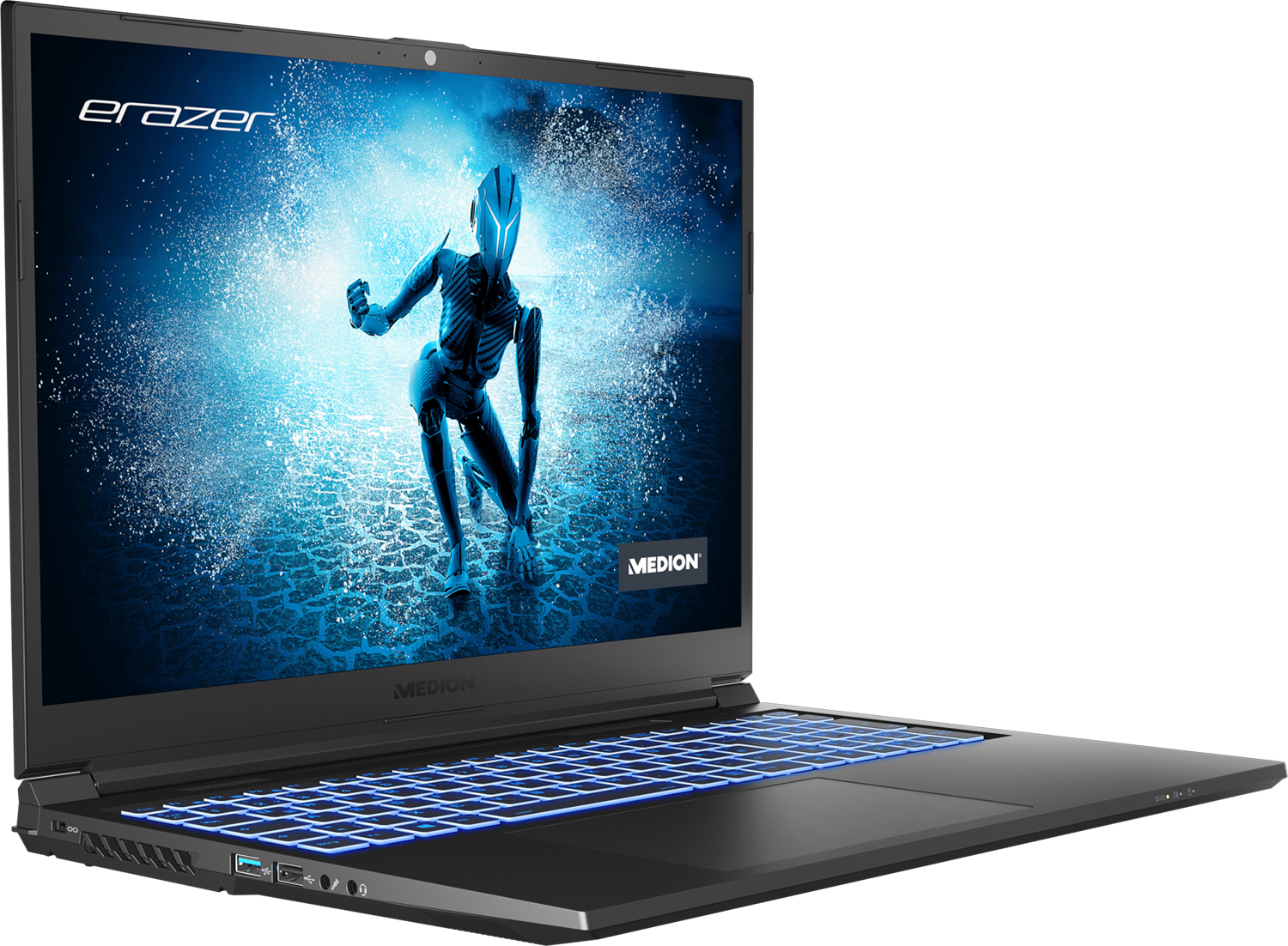 Ordinateur portable Medion Erazer noir avec clavier rétroéclairé bleu, écran affiche un graphique bleu.
