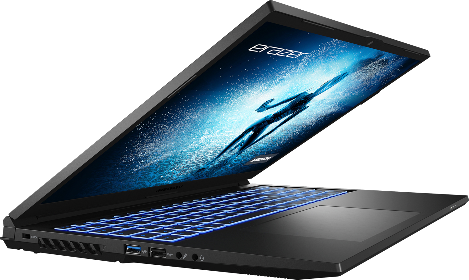 Un ordinateur portable noir avec un clavier rétroéclairé bleu, écran ouvert, et le nom 'Erazer'.