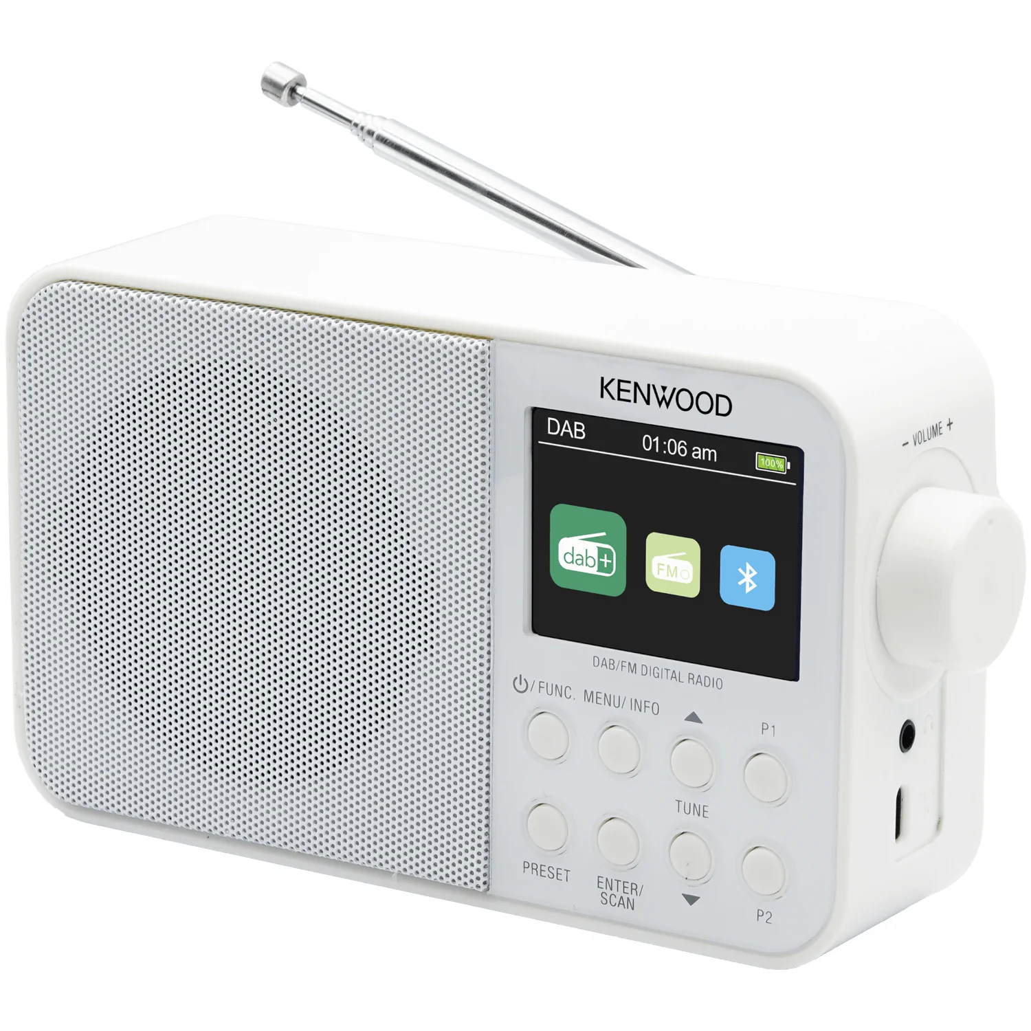 Weißes Kenwood-Radio mit Bildschirm, Tasten und Antenne. Zeigt Zeit und DAB/UKW an.