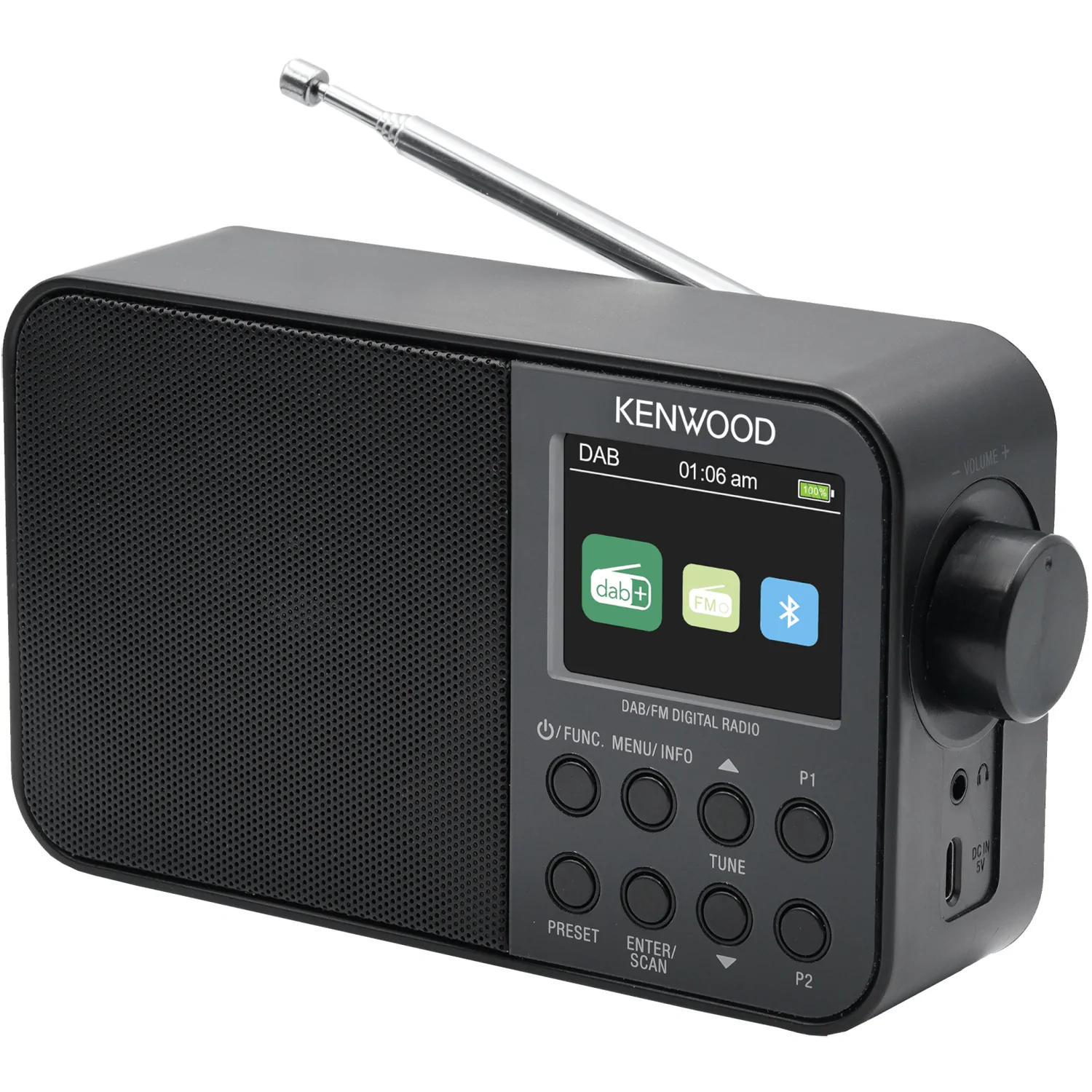Schwarzes digitales DAB/FM-Radio von Kenwood auf weißem Hintergrund. Zeigt Bildschirm und Tasten.